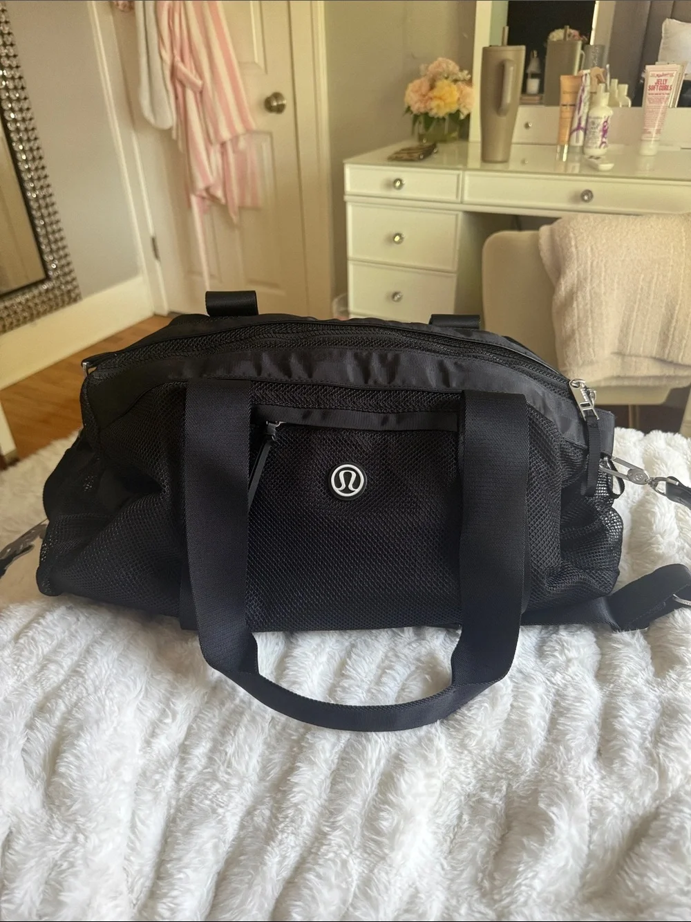 Lululemon Black Mesh-Front Duffel Bag With Stripped Interior